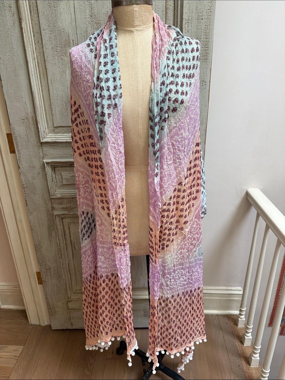 Pastel Patchwork Lightweight Scarf/Shawl with Pom Trim